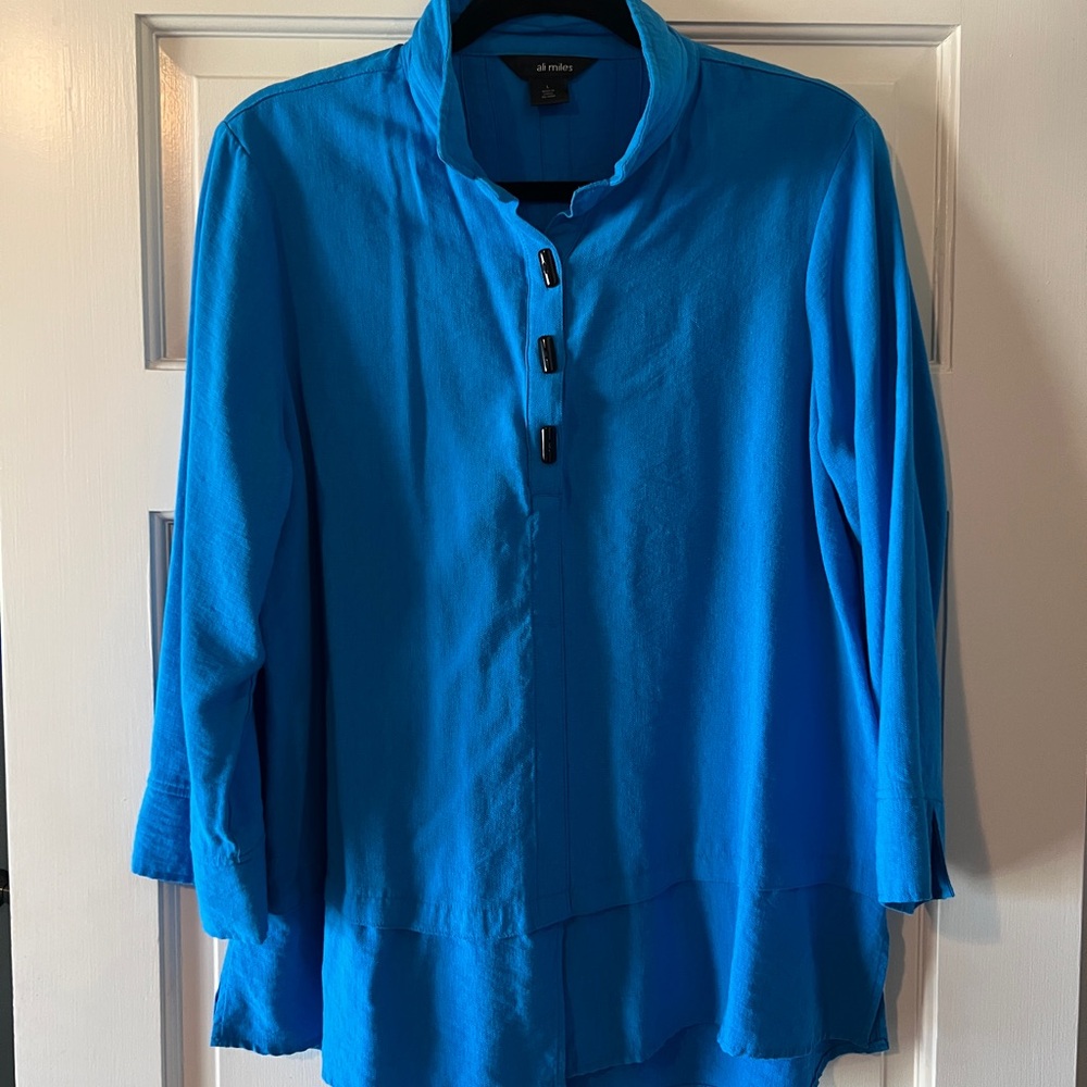 Ali Miles Shirt Womens L teal Crinkle Textured Long Sleeve Button Tunic Top